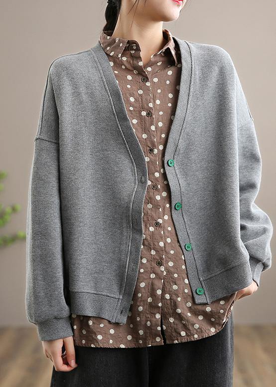 Gray Clothes Pattern V Neck Button Down Spring Outwears