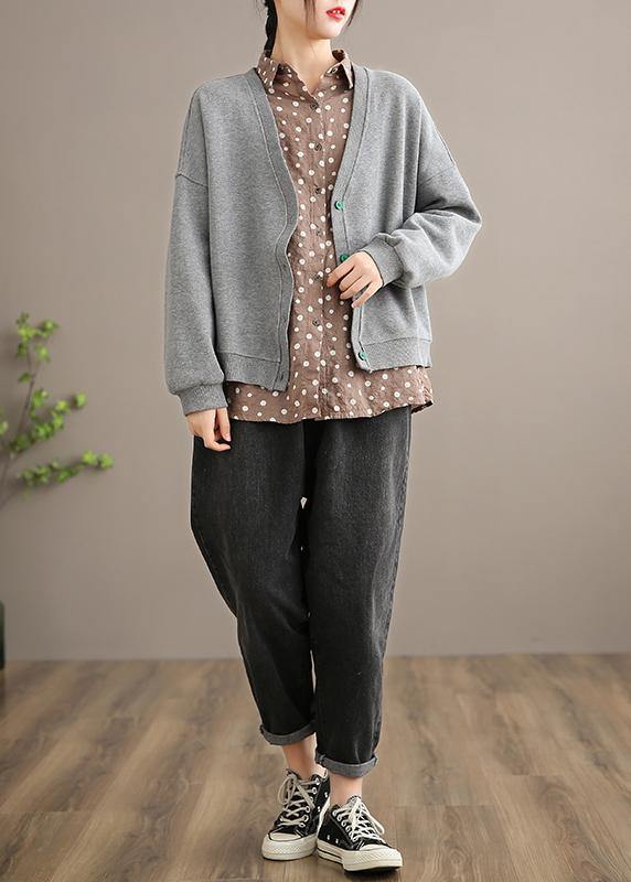 Gray Clothes Pattern V Neck Button Down Spring Outwears