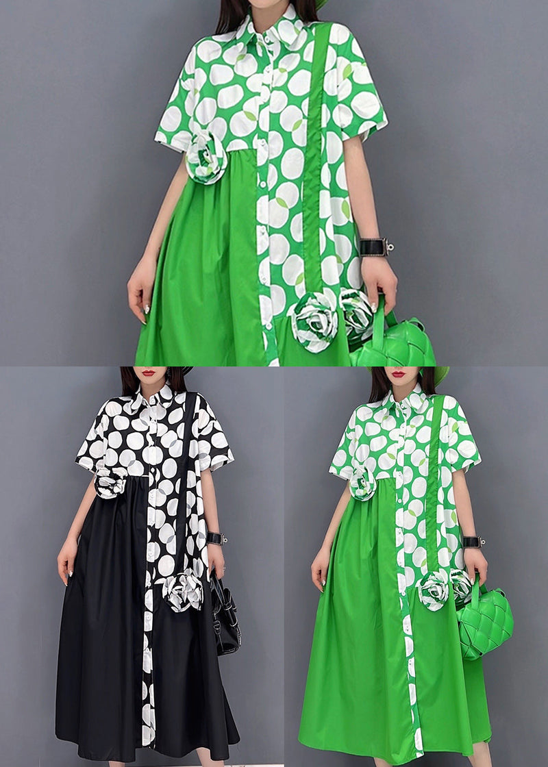 Green Asymmetrical Design Dot Print Cotton Shirt Dresses Short Sleeve