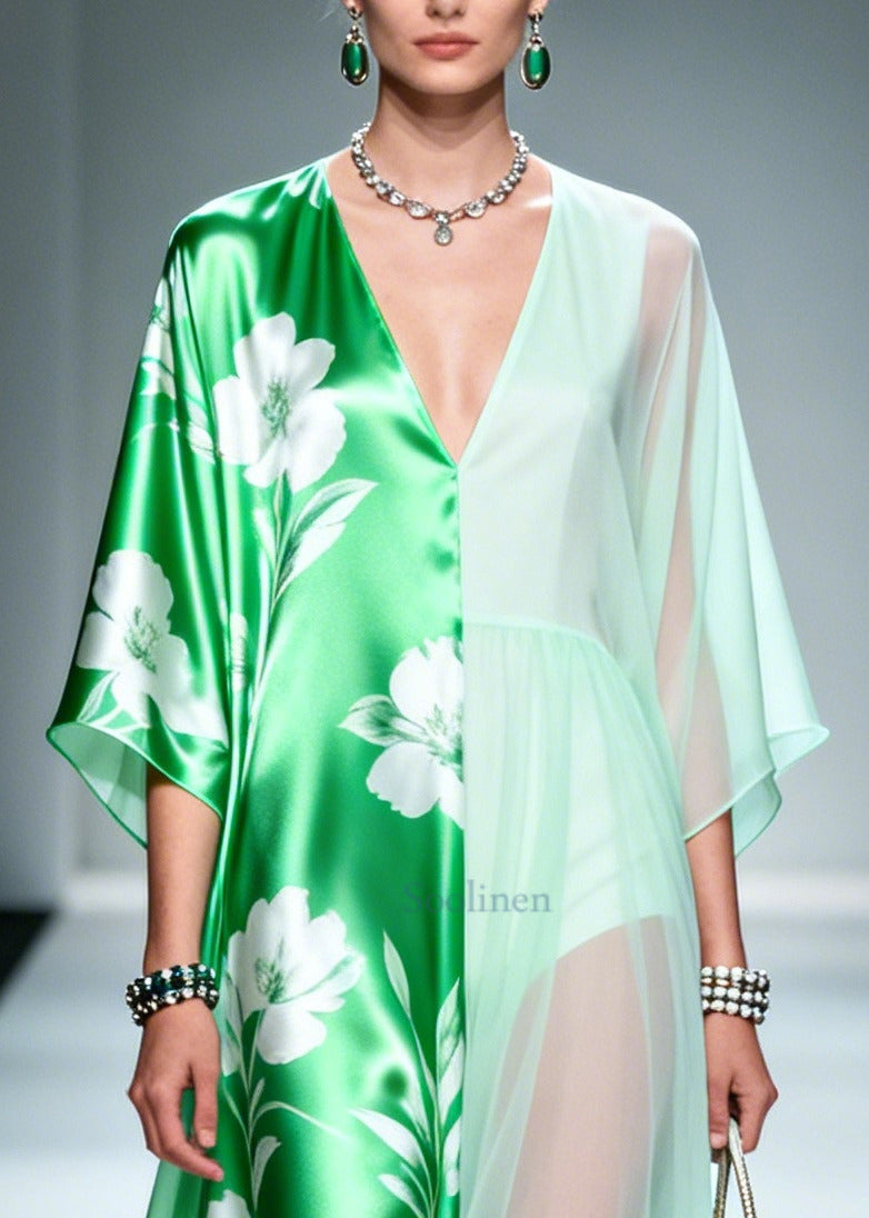 Green Asymmetrical Patchwork Chiffon Maxi Dresses Summer