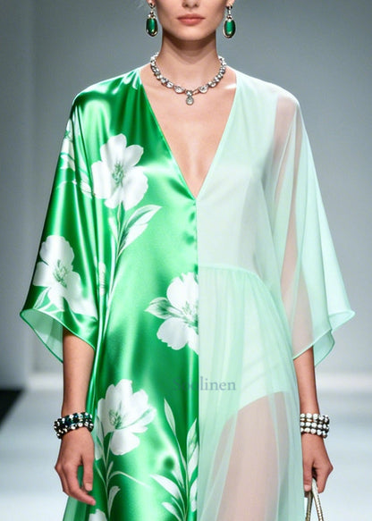 Green Asymmetrical Patchwork Chiffon Maxi Dresses Summer