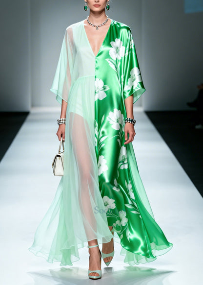 Green Asymmetrical Patchwork Chiffon Maxi Dresses Summer