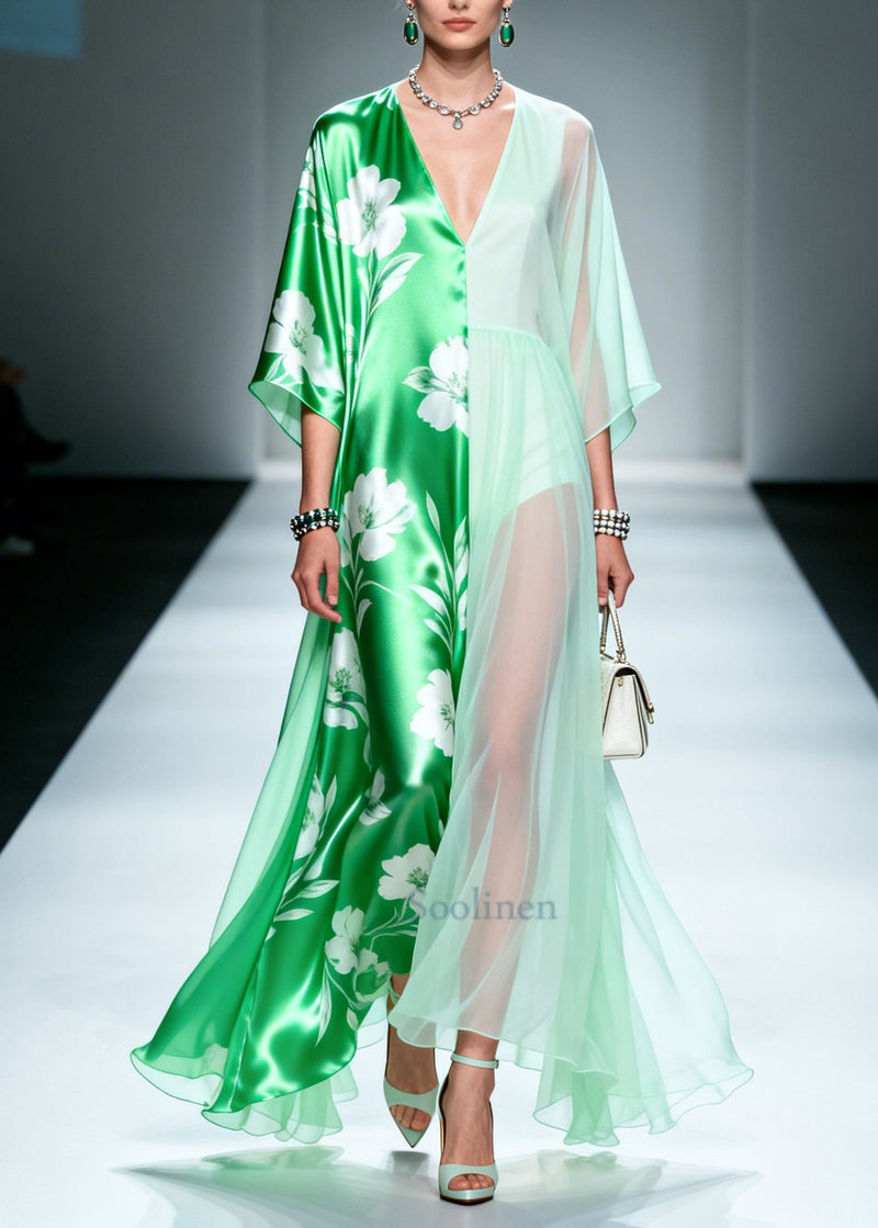 Green Asymmetrical Patchwork Chiffon Maxi Dresses Summer