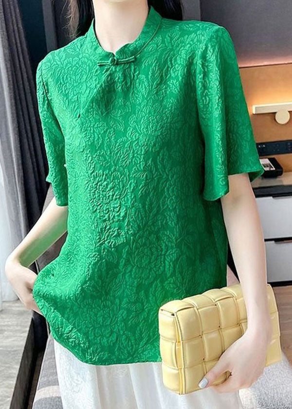 Green Chinese Button Jacquard Patchwork Silk Blouse Tops Short Sleeve