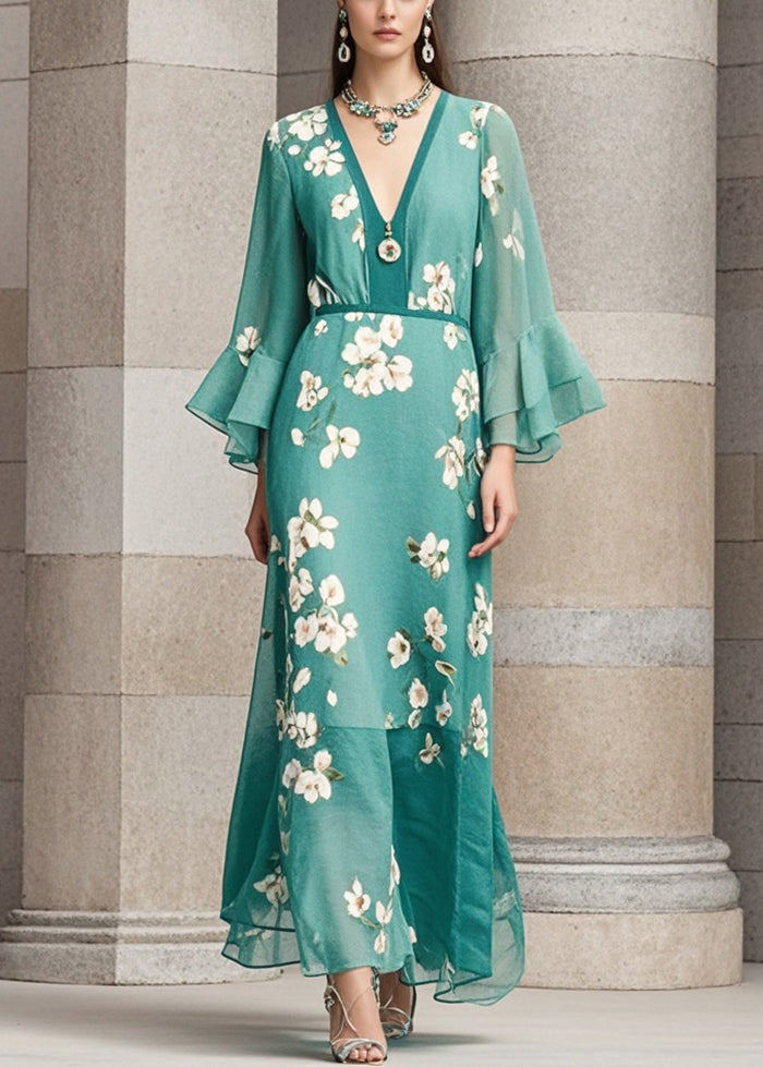 Green Cinched Print Chiffon Dress Flare Sleeve