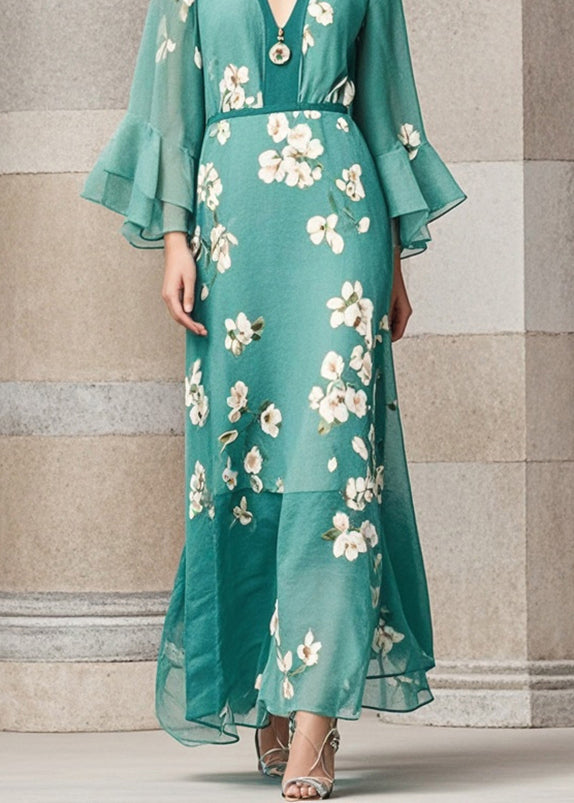 Green Cinched Print Chiffon Dress Flare Sleeve