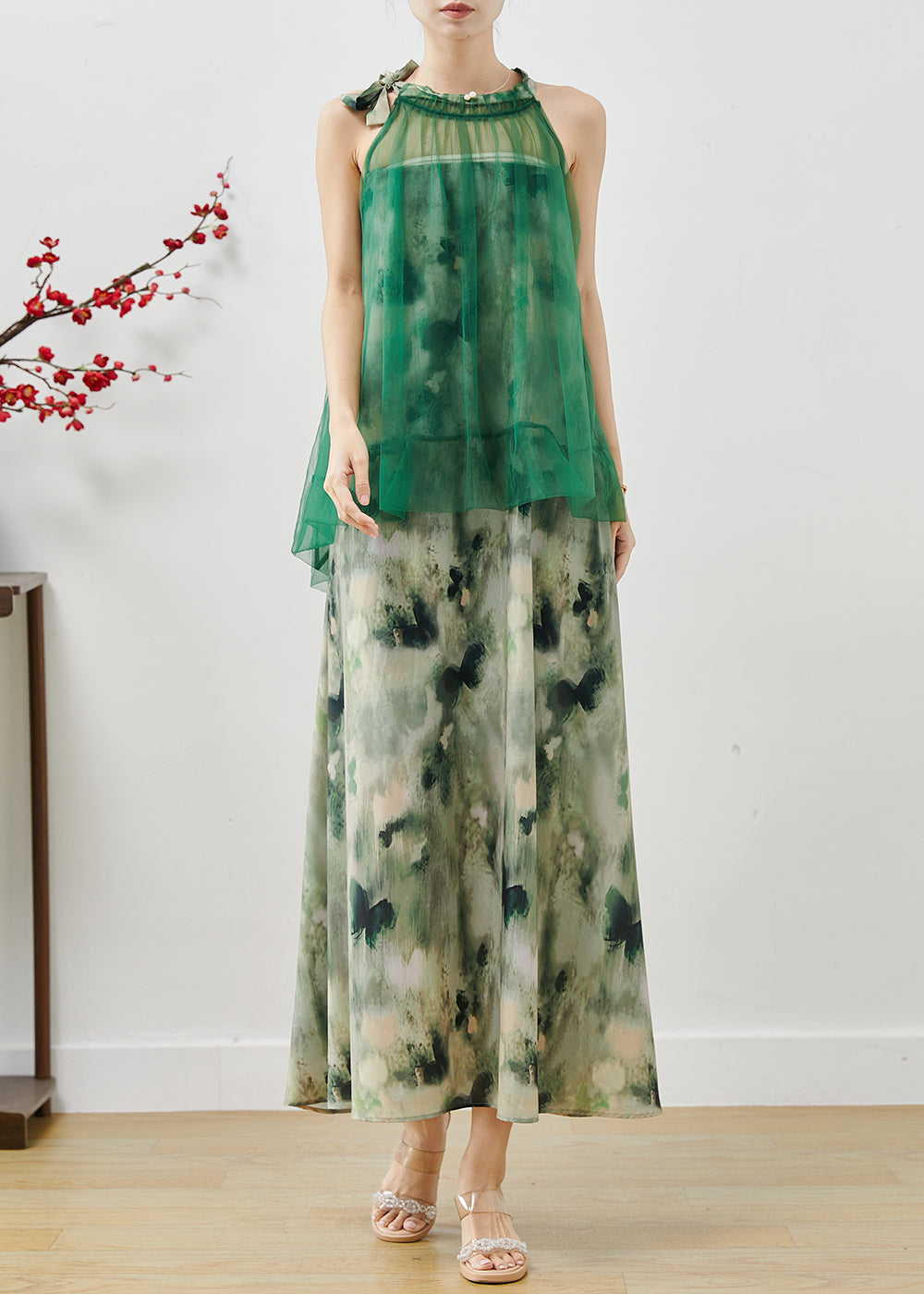 Green Cold Shoulder Tie Dye Chiffon Dresses Summer