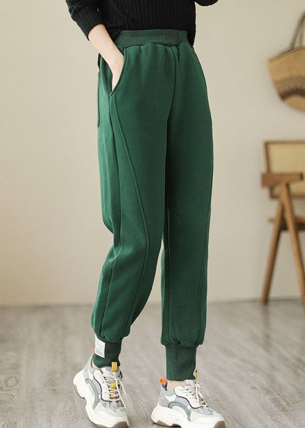 Green Elastic Waist Pockets Warm Fleece Pants Winter