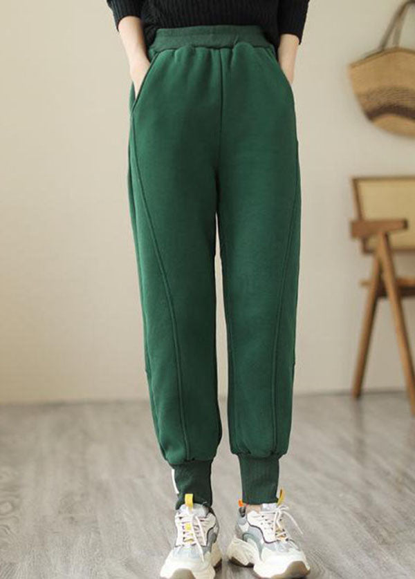 Green Elastic Waist Pockets Warm Fleece Pants Winter