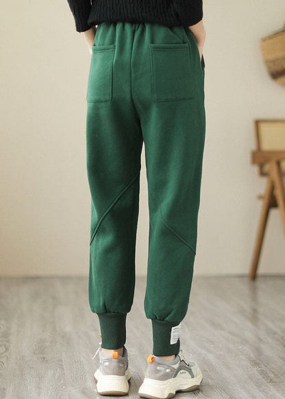 Green Elastic Waist Pockets Warm Fleece Pants Winter
