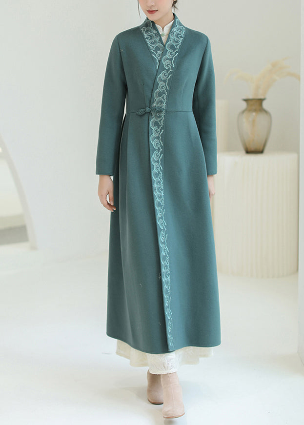 Green Embroidered Chinese Button Woolen Trench Coats Winter
