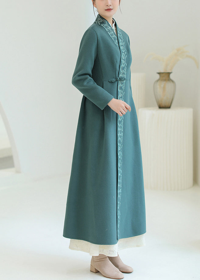 Green Embroidered Chinese Button Woolen Trench Coats Winter