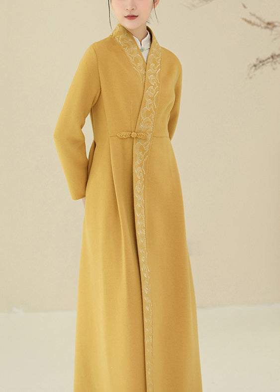 Green Embroidered Chinese Button Woolen Trench Coats Winter