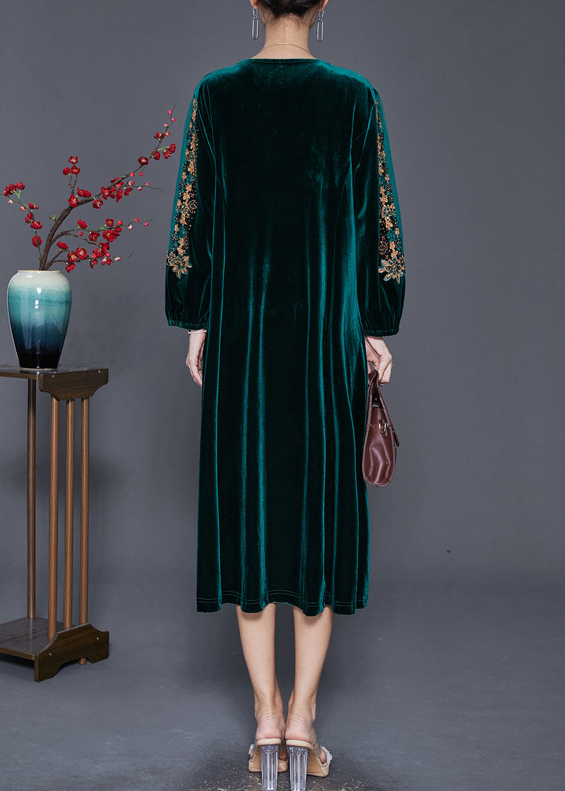 Green Embroideried Hollow Out Silk Velour Dress Fall