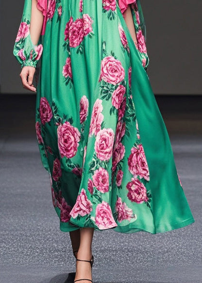 Green Print Ruffles Silk Velvet Dresses Fall