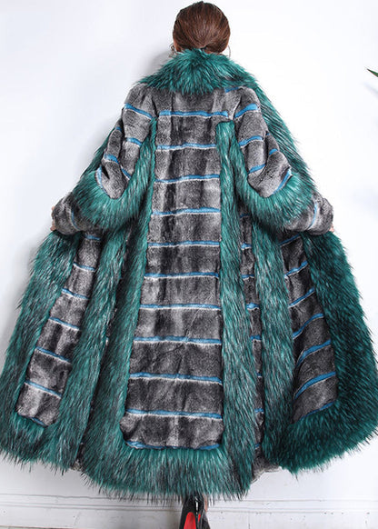 Green Fur Collar Patchwork Striped Fuzzy Fur Fluffy Coats Winter