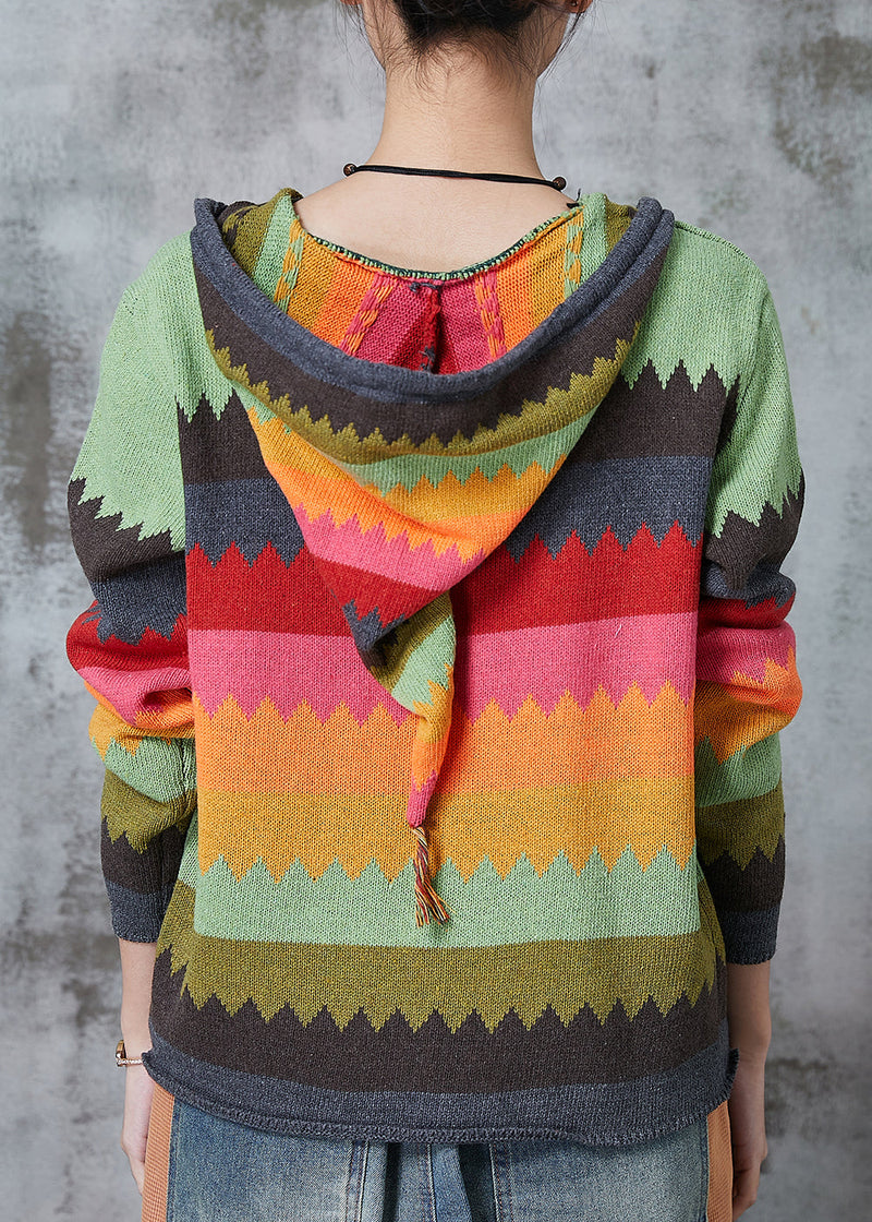 Green Hooded Print Knit Coat Spring