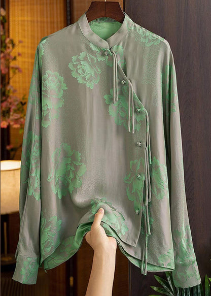 Beautiful Green-Print3 Mandarin Collar Button Print Silk Shirt Top Spring