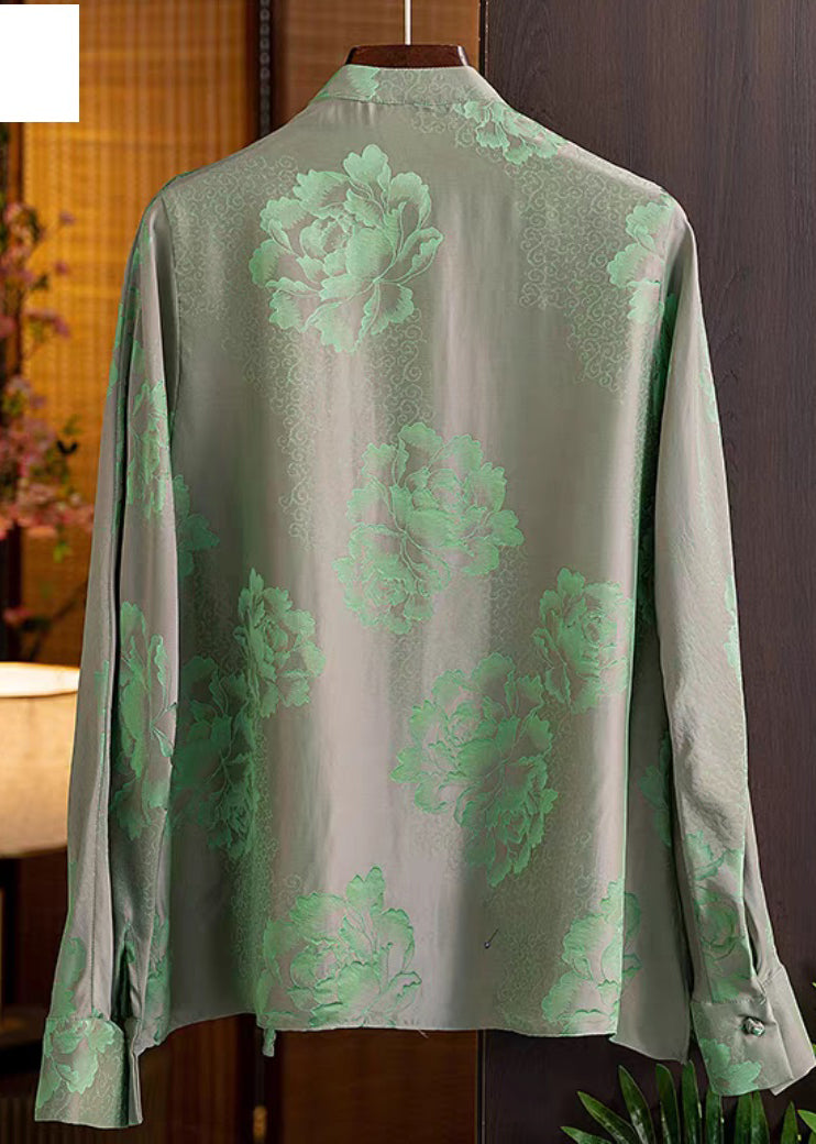 Print4 Mandarin Collar Button Print Silk Shirt Top Spring