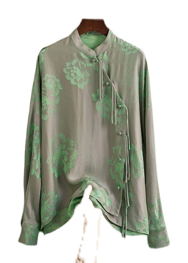 Print4 Mandarin Collar Button Print Silk Shirt Top Spring