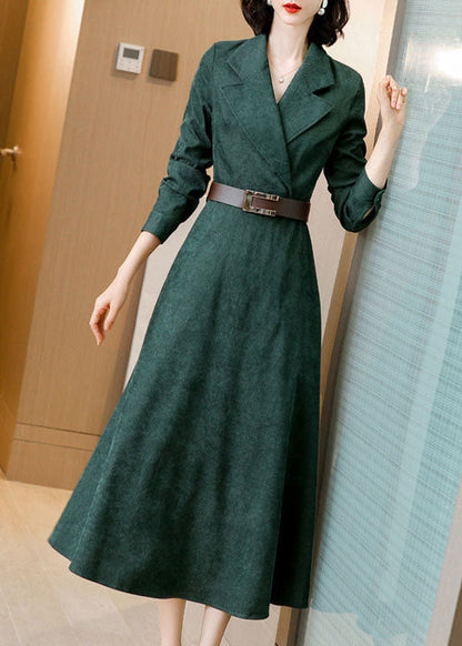 Green Notched Collar Sashes Slim Fit Corduroy Maxi Dresses Spring