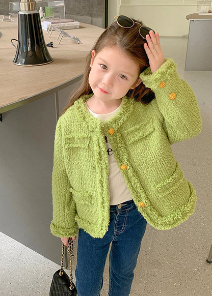 Green O Neck Button Patchwork Cotton Coat Fall