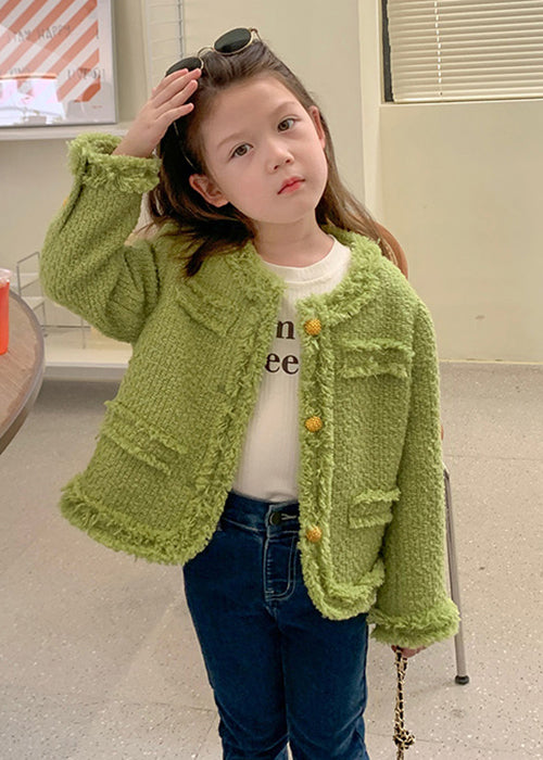 Green O Neck Button Patchwork Cotton Coat Fall