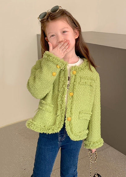 Green O Neck Button Patchwork Cotton Coat Fall