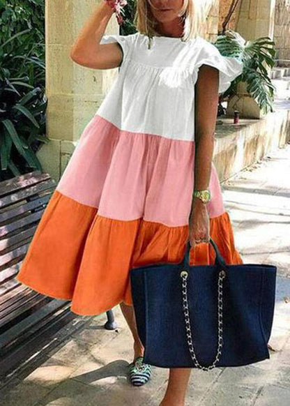 Green O-neck Layered Patchwork Beach Dress Short Sleeve