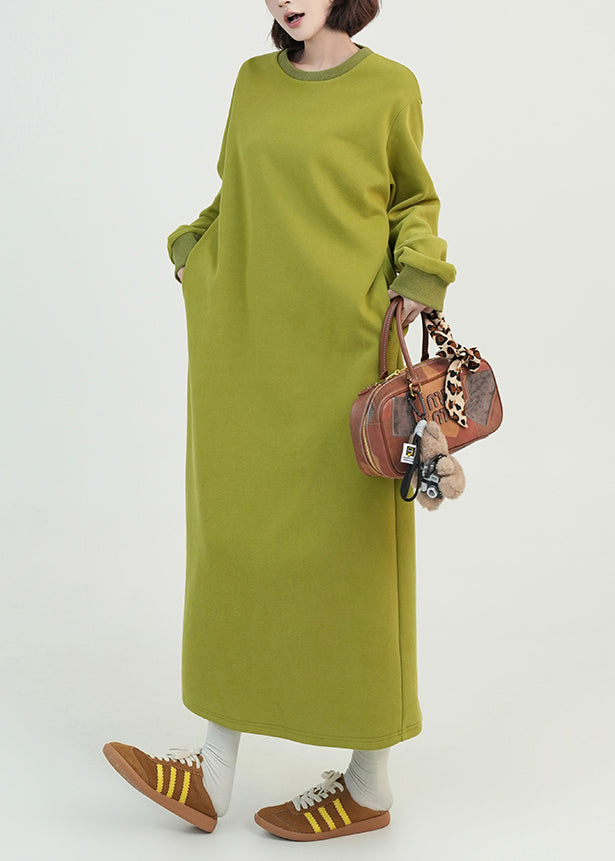 Green O Neck Long Cotton Straight Dress Spring