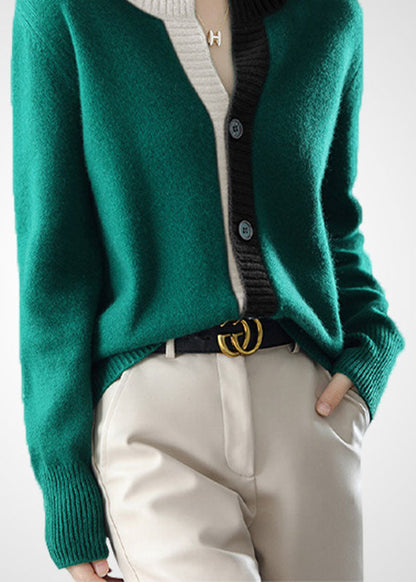 Green O-neck Patchwork Button Wool Knit Cardigans Winter