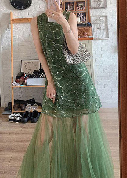 Green O-neck Patchwork Tulle Vacation Maxi Dresses Sleeveless