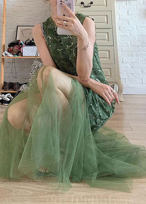 Green O-neck Patchwork Tulle Vacation Maxi Dresses Sleeveless