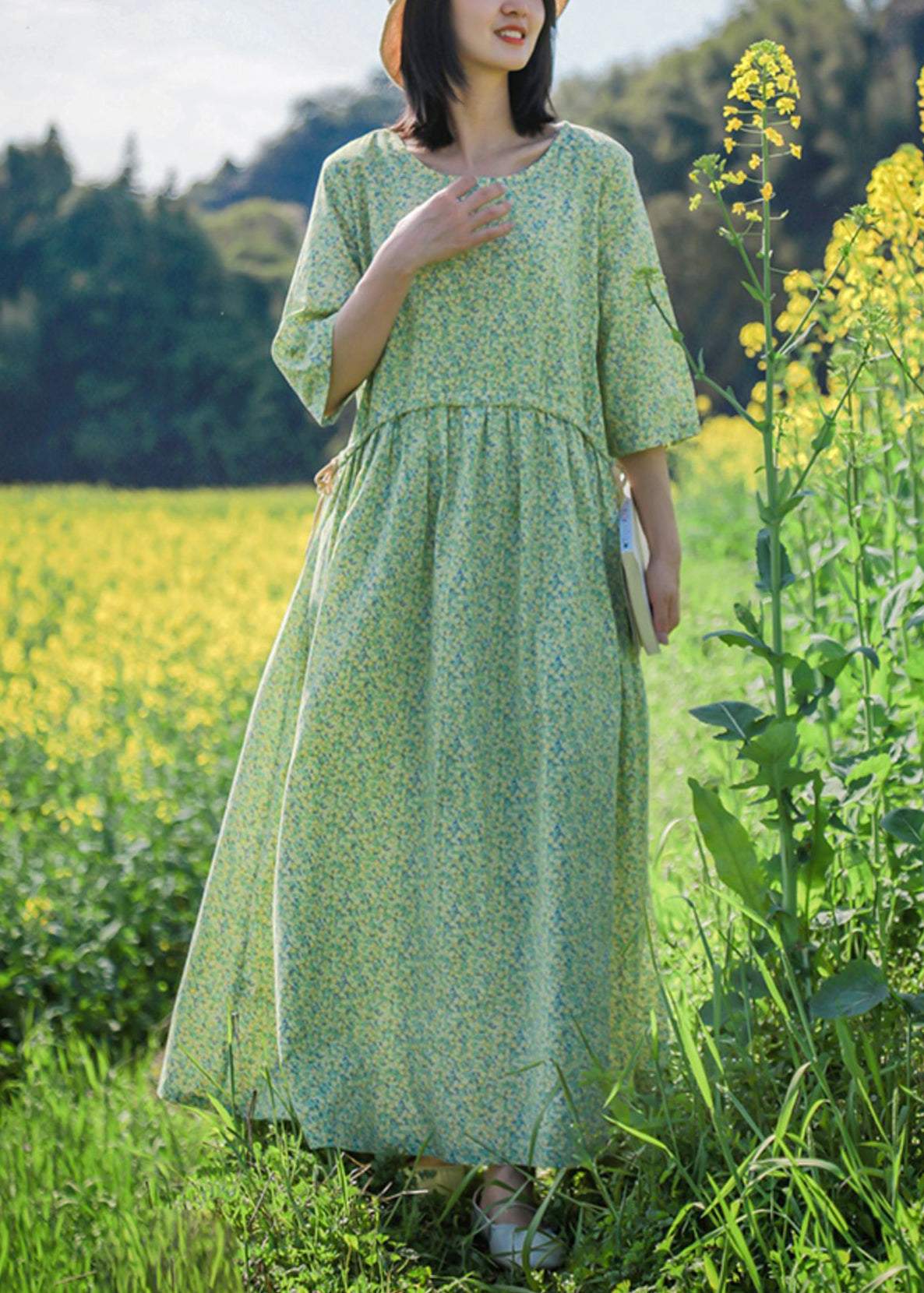 Green O Neck Print Lace Up Cotton Dresses Half Sleeve