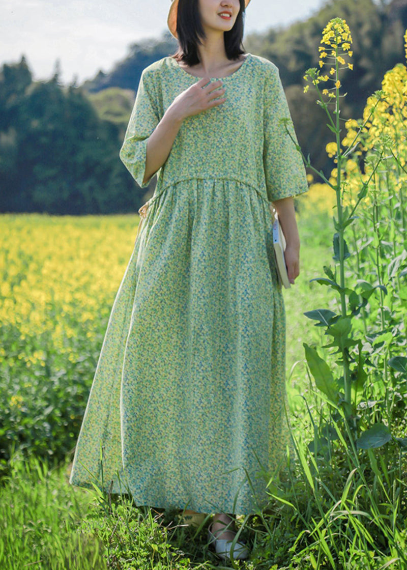 Green O Neck Print Lace Up Cotton Dresses Half Sleeve