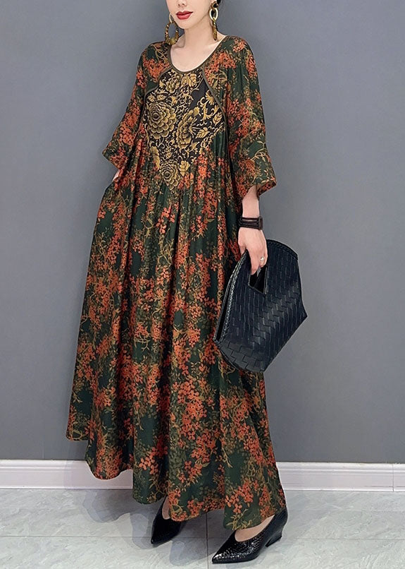 Green O Neck Print Patchwork Cotton Maxi Dresses Spring
