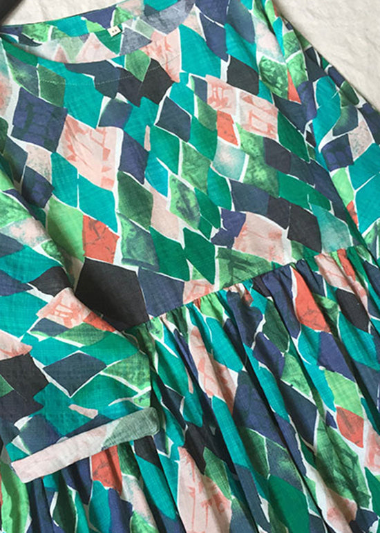 Green O Neck Print Wrinkled Cotton Dresses Summer