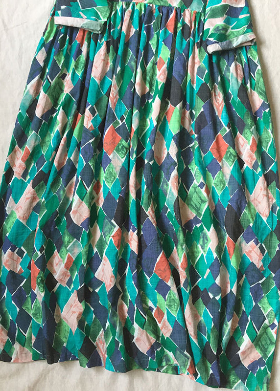 Green O Neck Print Wrinkled Cotton Dresses Summer