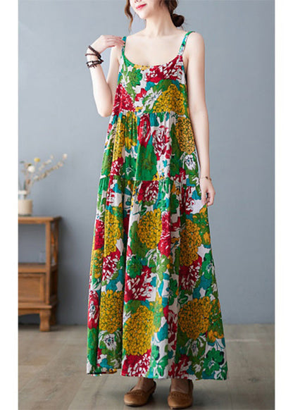 Green O-neck Print Wrinkled Cotton Slip Long Dress Summer