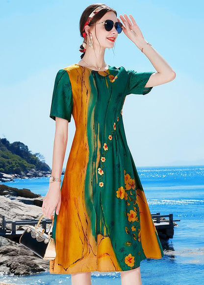 Green O-neck Wrinkled Print Draping Silk Party Dress Short Sleeve