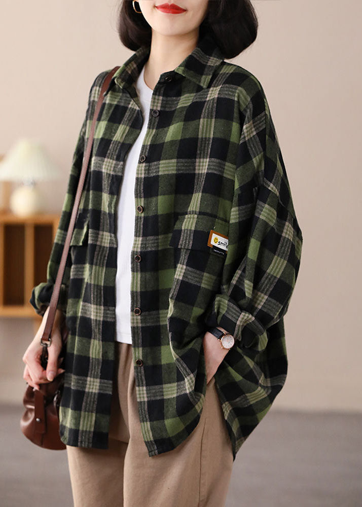 Green Oversized Plaid Applique Cotton Shirt Top Spring