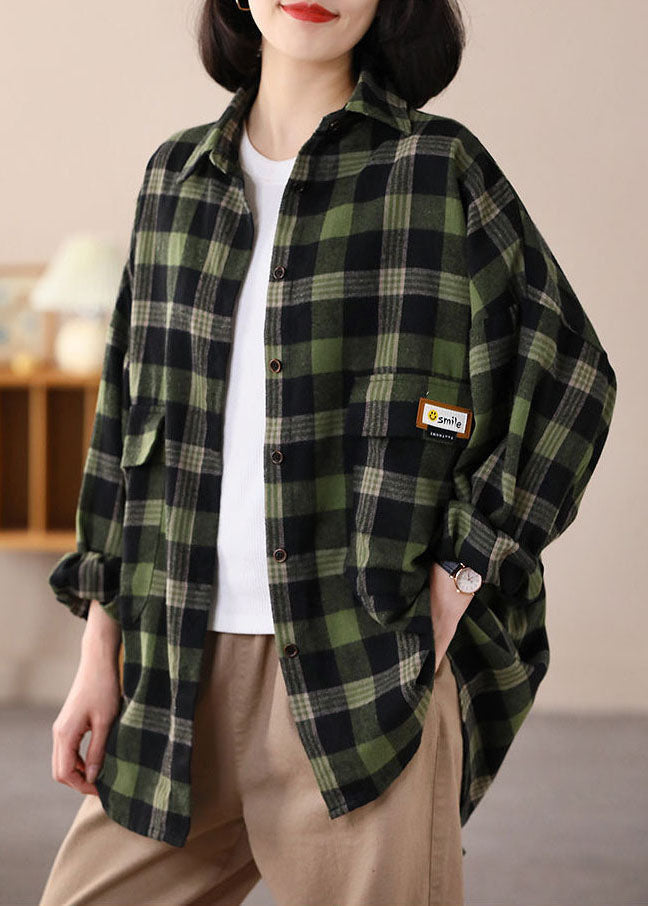 Green Oversized Plaid Applique Cotton Shirt Top Spring