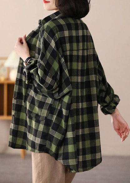 Green Oversized Plaid Applique Cotton Shirt Top Spring
