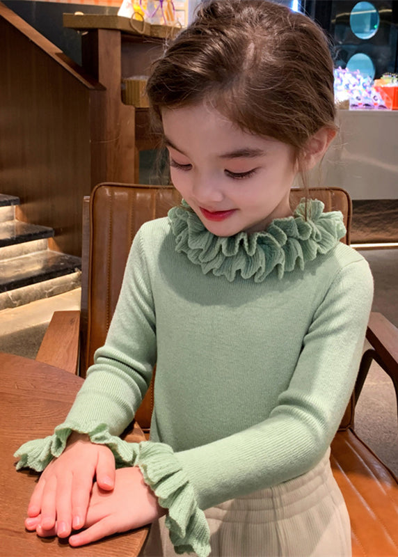 Green Patchwork Cotton Knit Sweater Petal Sleeve