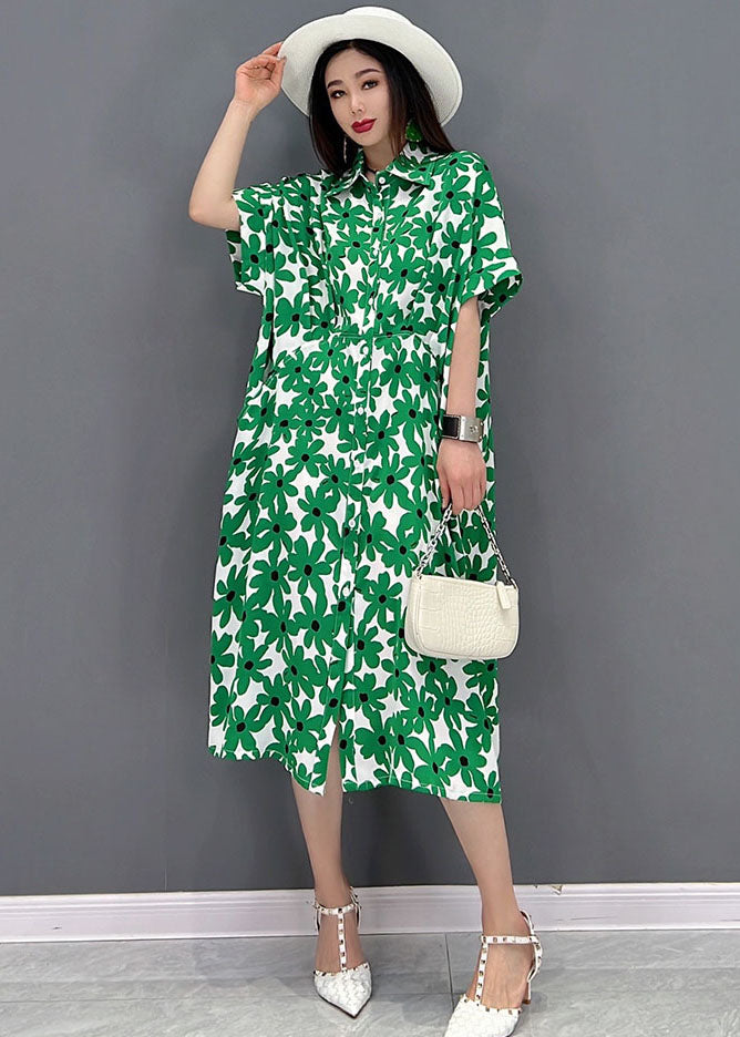 Green Peter Pan Collar Print Shirt Dress Short Sleeve