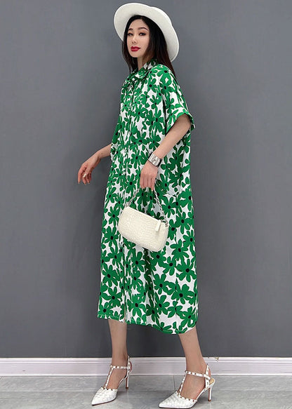 Green Peter Pan Collar Print Shirt Dress Short Sleeve