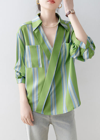 Green Peter Pan Collar Striped Cotton Shirt Top Half Sleeve