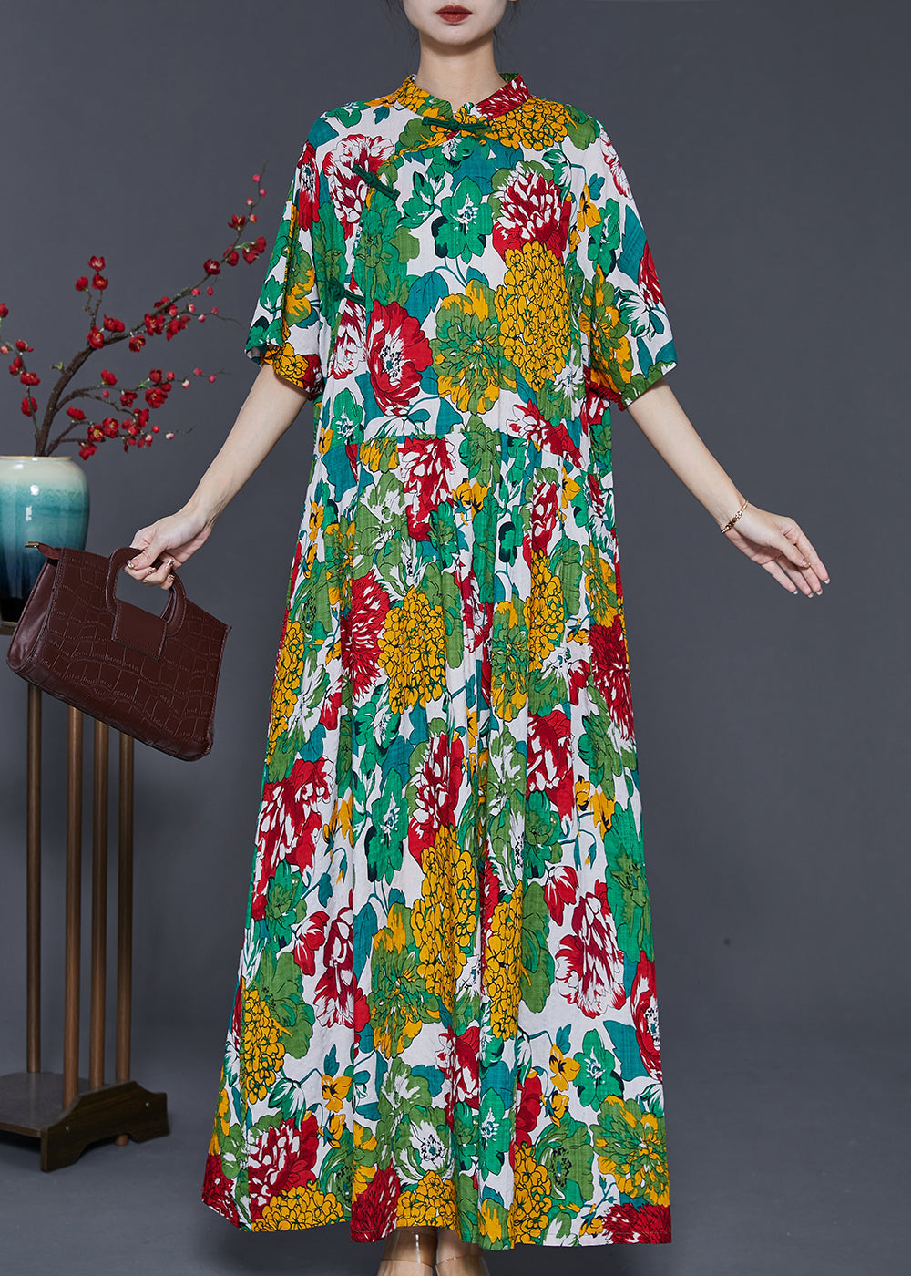 Green Print Chinese Button Cotton Long Dresses Summer