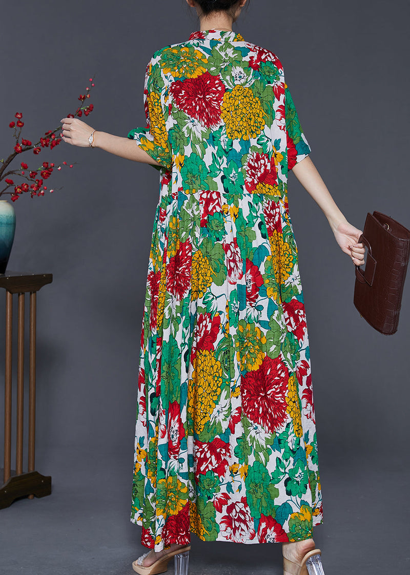 Green Print Chinese Button Cotton Long Dresses Summer