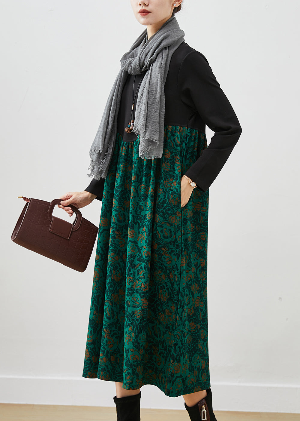 Green Print Patchwork Cotton Maxi Dress Fall